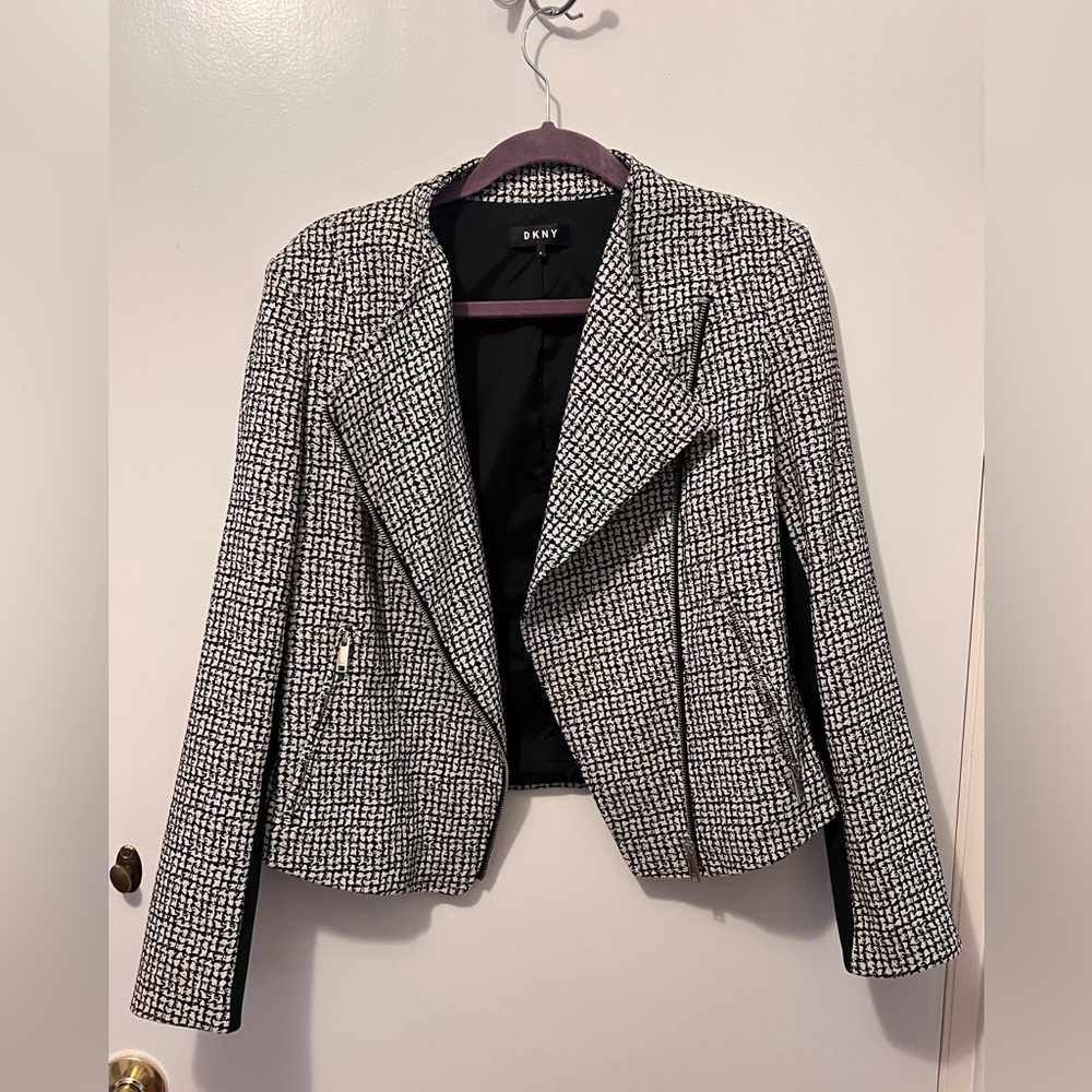 DKNY Asymmetrical Zipper Jacket, Black and White, Size 8
